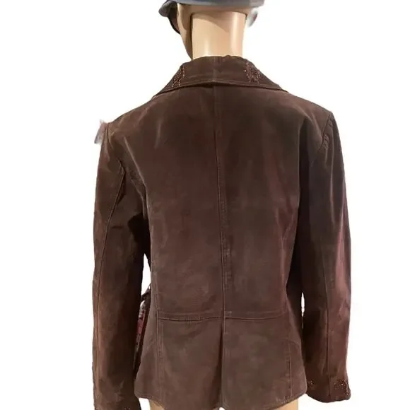 Coldwater Creek brown leather embroidered boho jacket size small